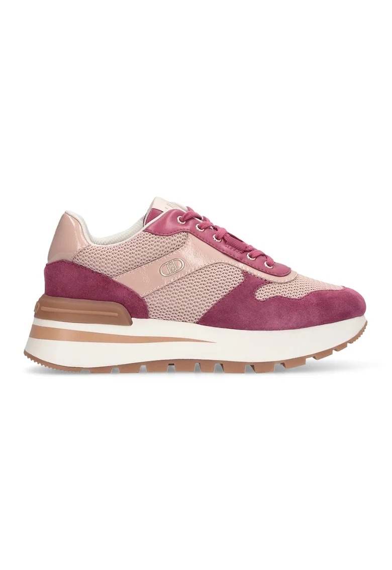 Pantofi sport din piele intoarsa si plasa cu talpa wedge, Roz
