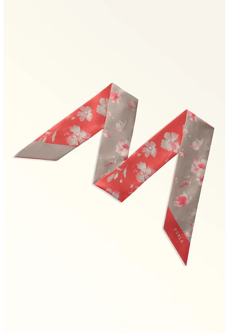 Esarfa de matase cu model floral, Gri/Coral
