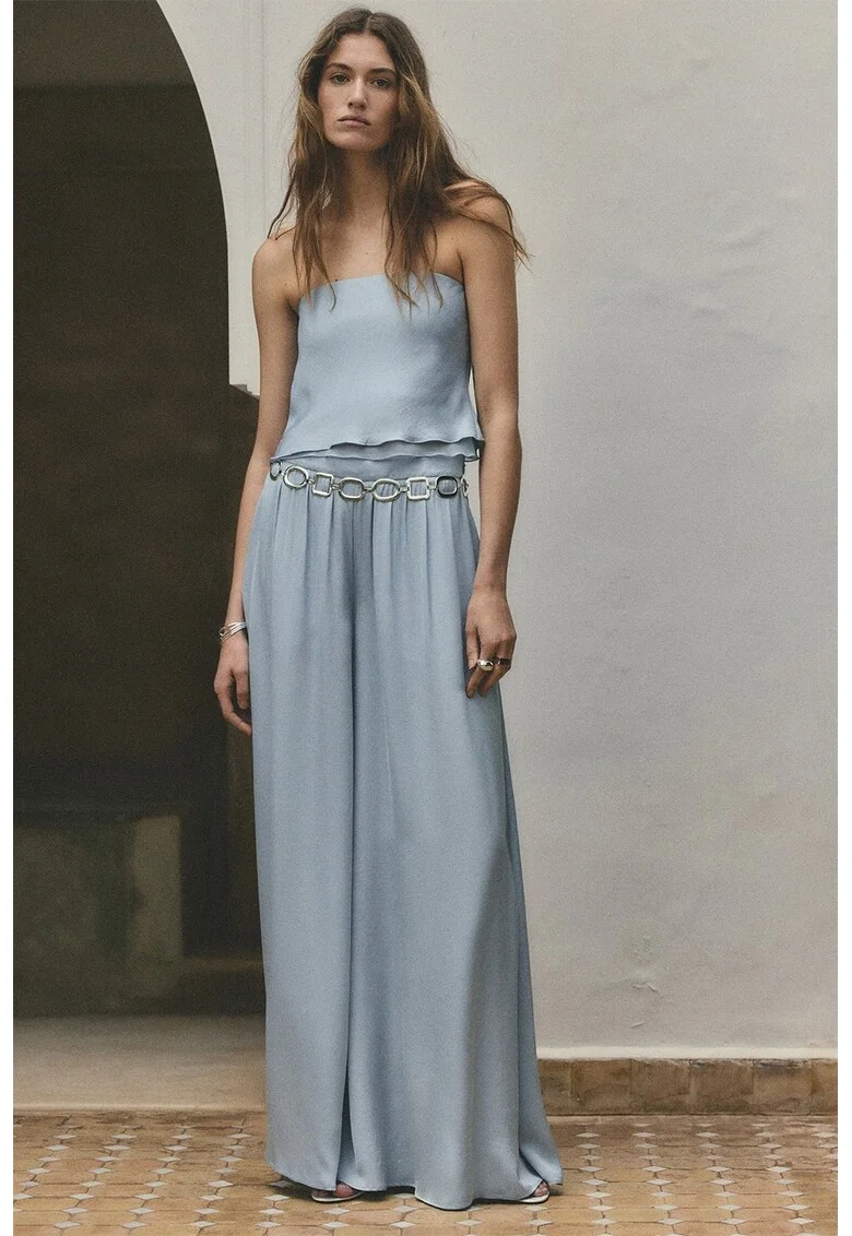 Pantaloni cu croiala ampla si talie inalta, Albastru pastel