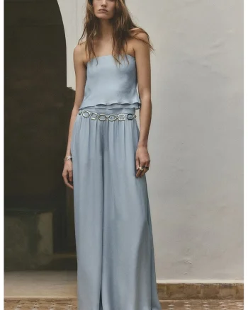 Pantaloni cu croiala ampla si talie inalta, Albastru pastel