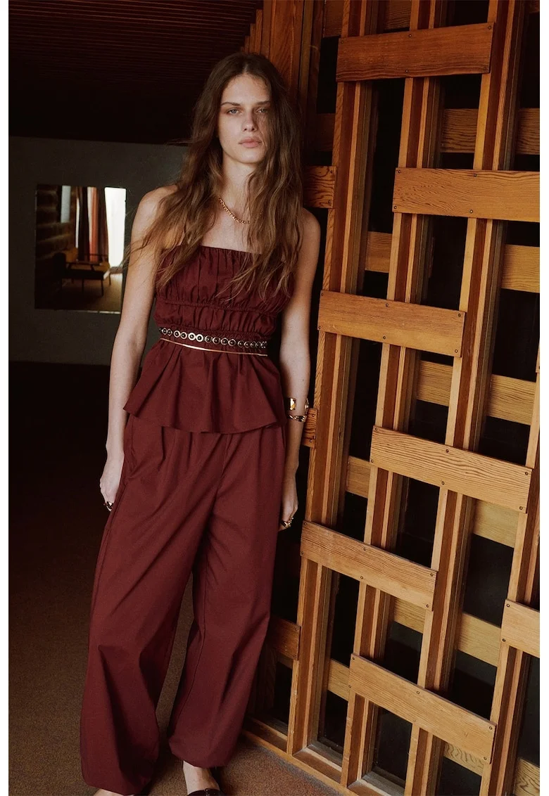 Pantaloni cu croiala baggy si talie inalta, Portocaliu stins
