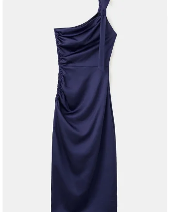 Rochie cu decolteu pe un umar si drapaj lateral, Bleumarin