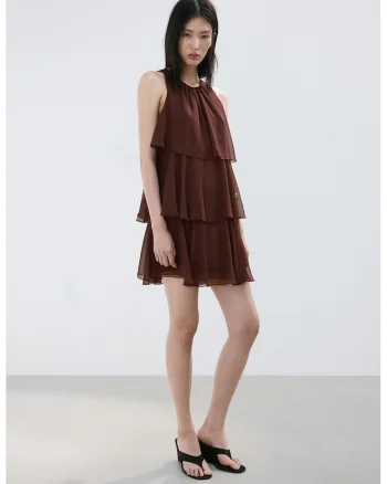 Rochie scurta cu volane, Maro inchis