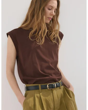 Tricou de bumbac cu umeri intariti, Maro cognac