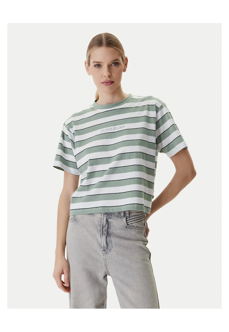 Tricou dama,  model dungi, alb/verde, bumbac, Alb/Verde