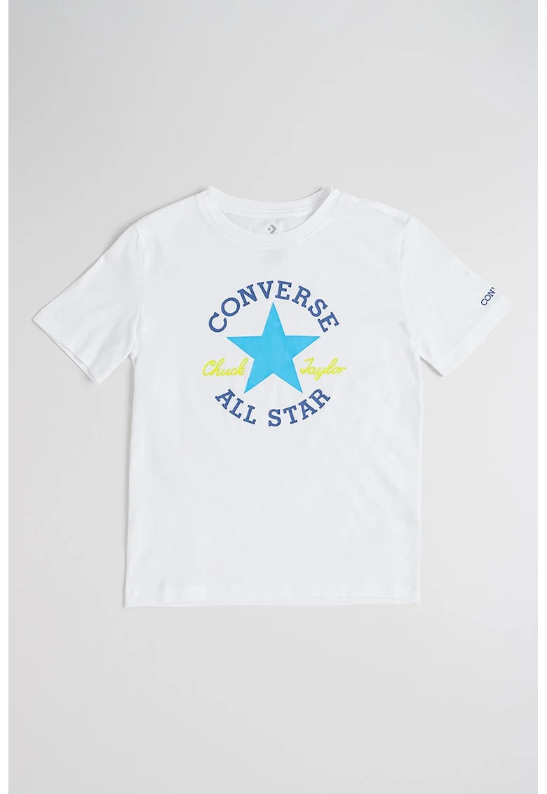 Tricou cu logo si decolteu la baza gatului, Alb/Albastru