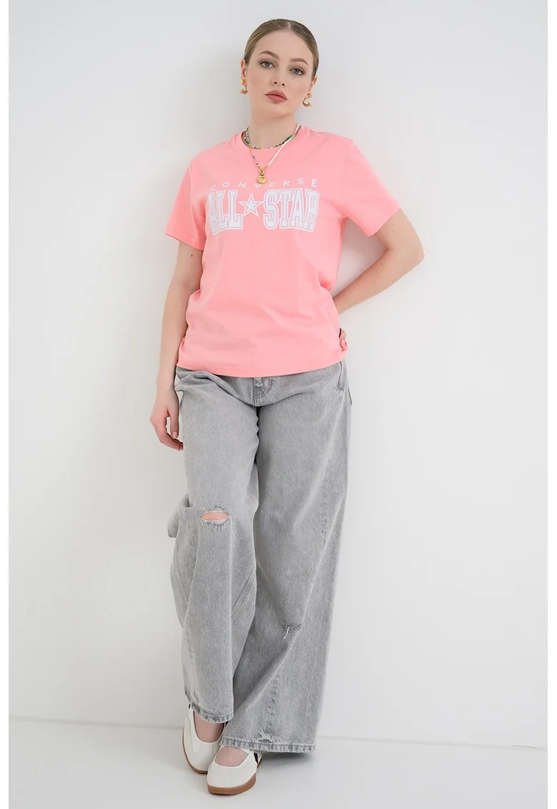 Tricou din amestec de modal cu imprimeu logo, Roz