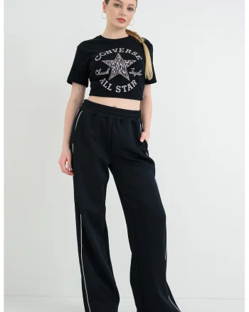 Pantaloni de trening cu croiala ampla si buzunare, Alb/Negru