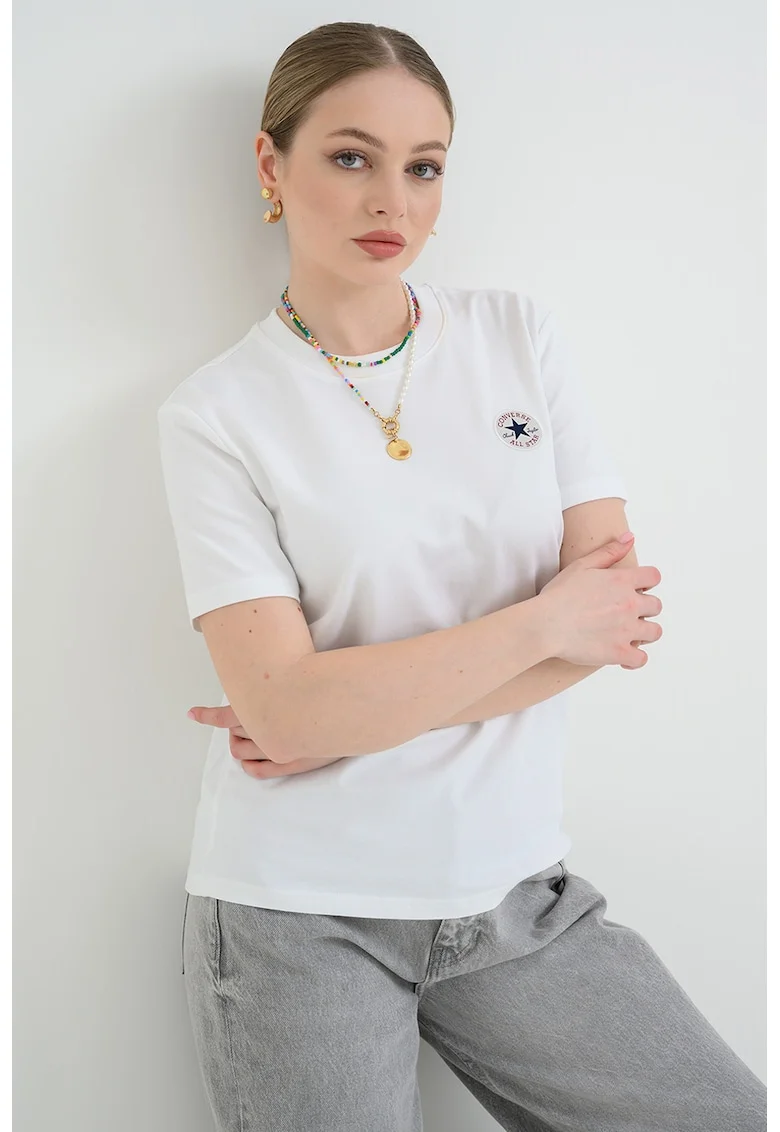 Tricou din amestec de bumbac cu detaliu logo, Alb