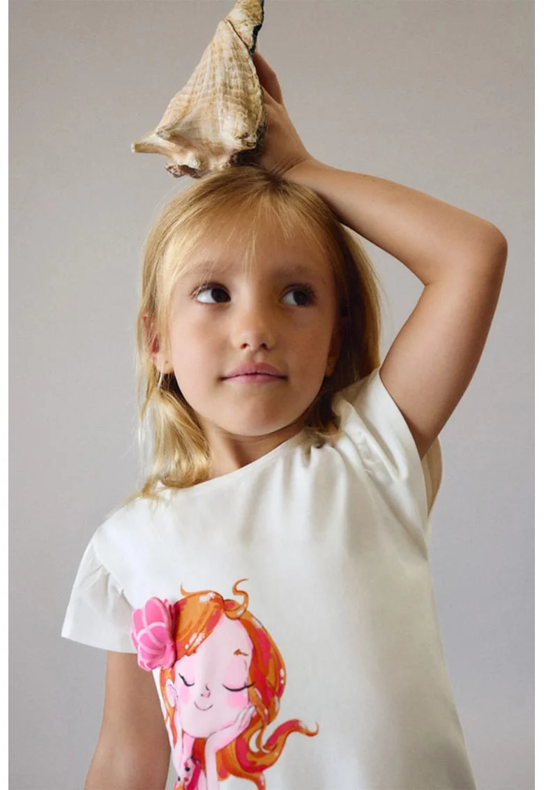 Tricou din amsetec de bumbac cu maneci fluture, Alb/Roz