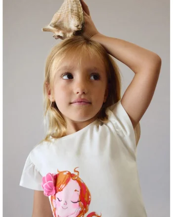 Tricou din amsetec de bumbac cu maneci fluture, Alb/Roz
