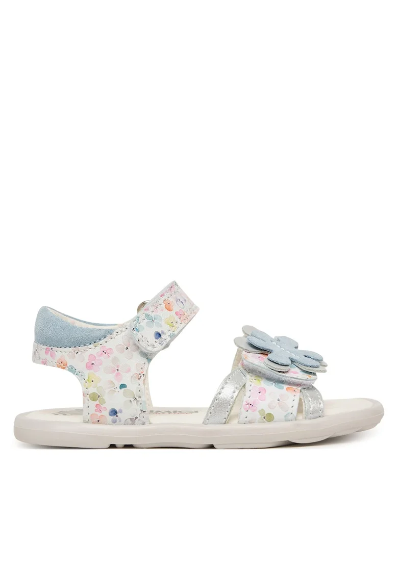 Sandale fete  piele naturala, alb cu flori multicolore