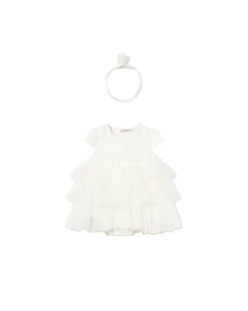 Rochie fete,  alb, poliester-bumbac-elastan, maneca scurta