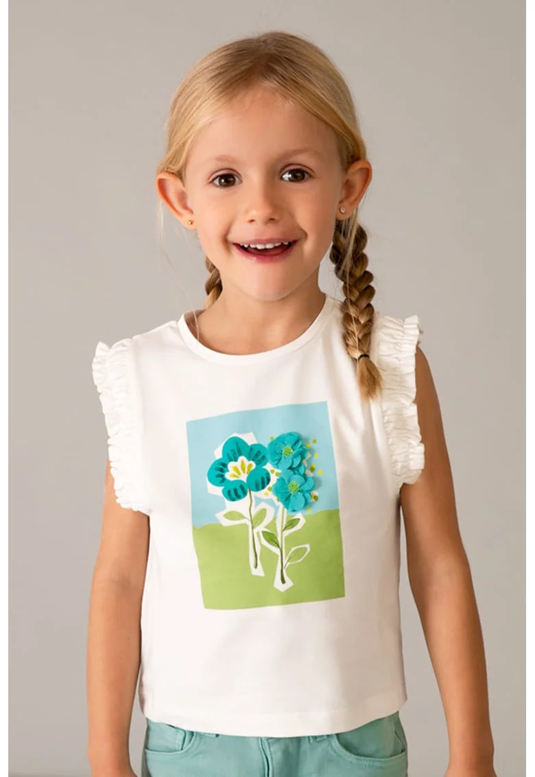 Tricou fara maneci cu volane, Alb/Albastru