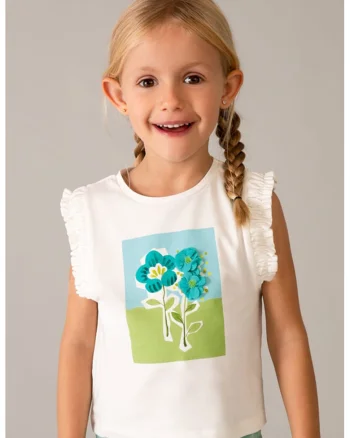 Tricou fara maneci cu volane, Alb/Albastru