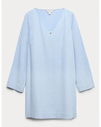 Rochie din amestec de in cu decolteu in V, Albastru glaciar