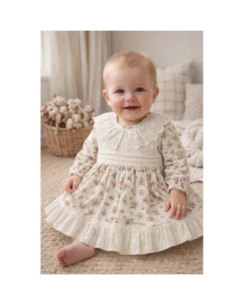Rochie fetita crem cu flori roz guler dantela eleganta botez evenimente