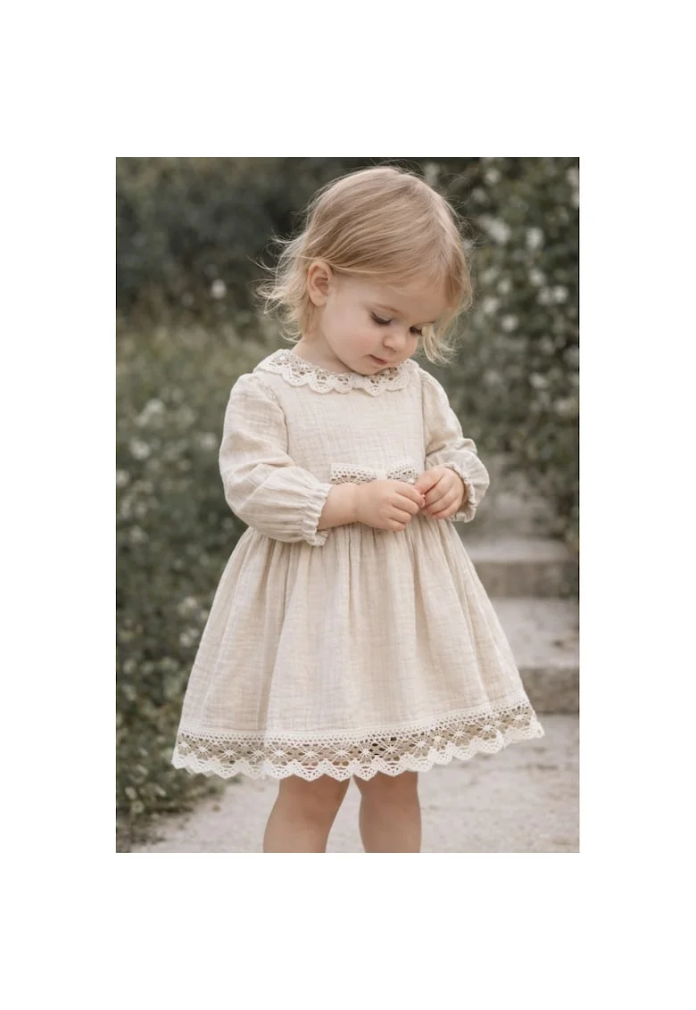 Rochie fetite muselina bej eleganta cu dantela rochie copii ocazie botez