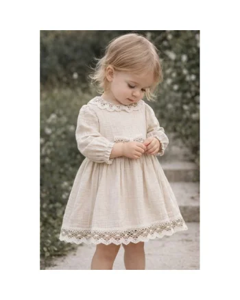 Rochie fetite muselina bej eleganta cu dantela rochie copii ocazie botez