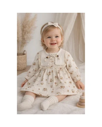 Rochie muselina fetita bej cu flori maro dantela stil vintage boho elegant