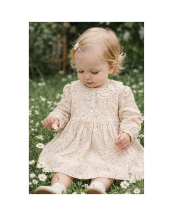 Rochie bebe fetita cu imprimeu floral si guler dantelat cu maneca lunga