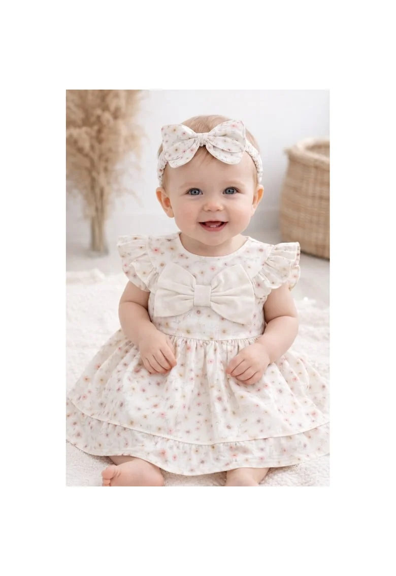 Rochie bebe fetite crem cu flori si bentita, rochita eleganta fetite