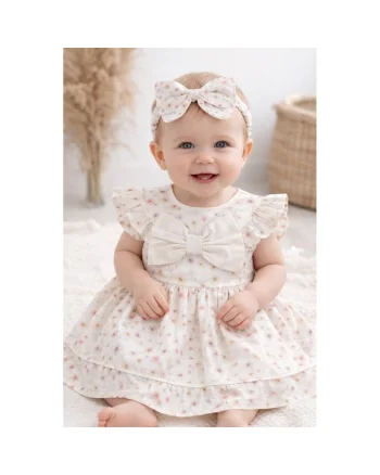 Rochie bebe fetite crem cu flori si bentita, rochita eleganta fetite