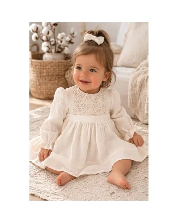 Rochita bebe fetite eleganta ivoire cu dantela maneca lunga din muselina