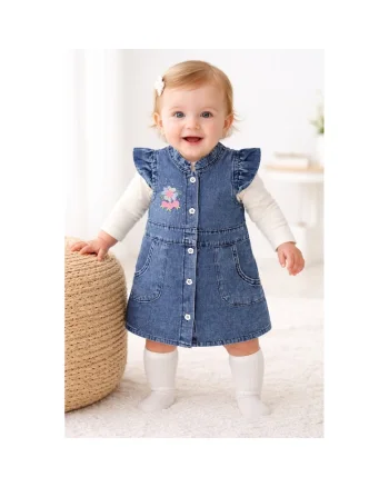 Sarafan denim bebe fetita cu bluza alba si broderie florala