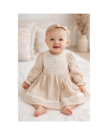 Rochita bebe fetite eleganta bej cu dantela maneca lunga din muselina