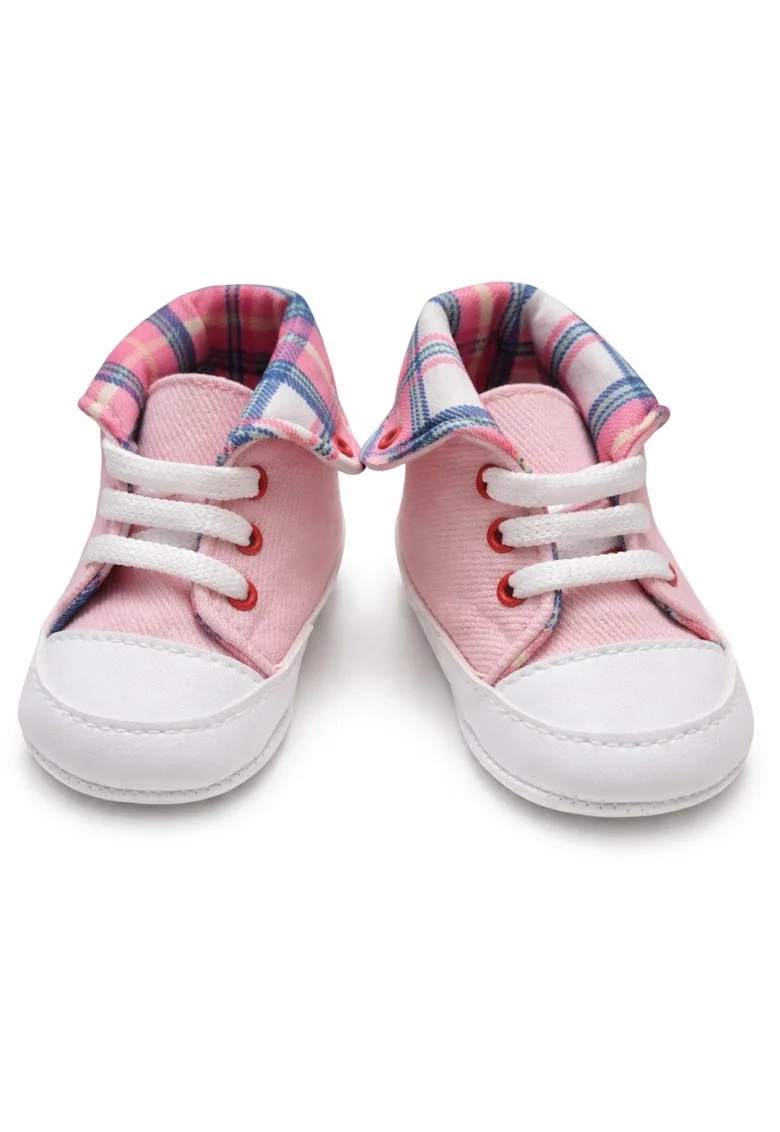Pantofi bebelusi roz cu siret talpa flexibila guler carouri stil sport casual, Roz, Roz