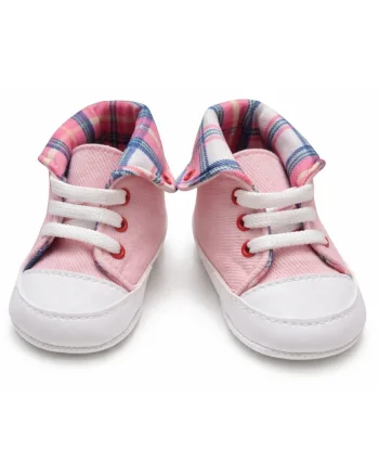 Pantofi bebelusi roz cu siret talpa flexibila guler carouri stil sport casual, Roz, Roz
