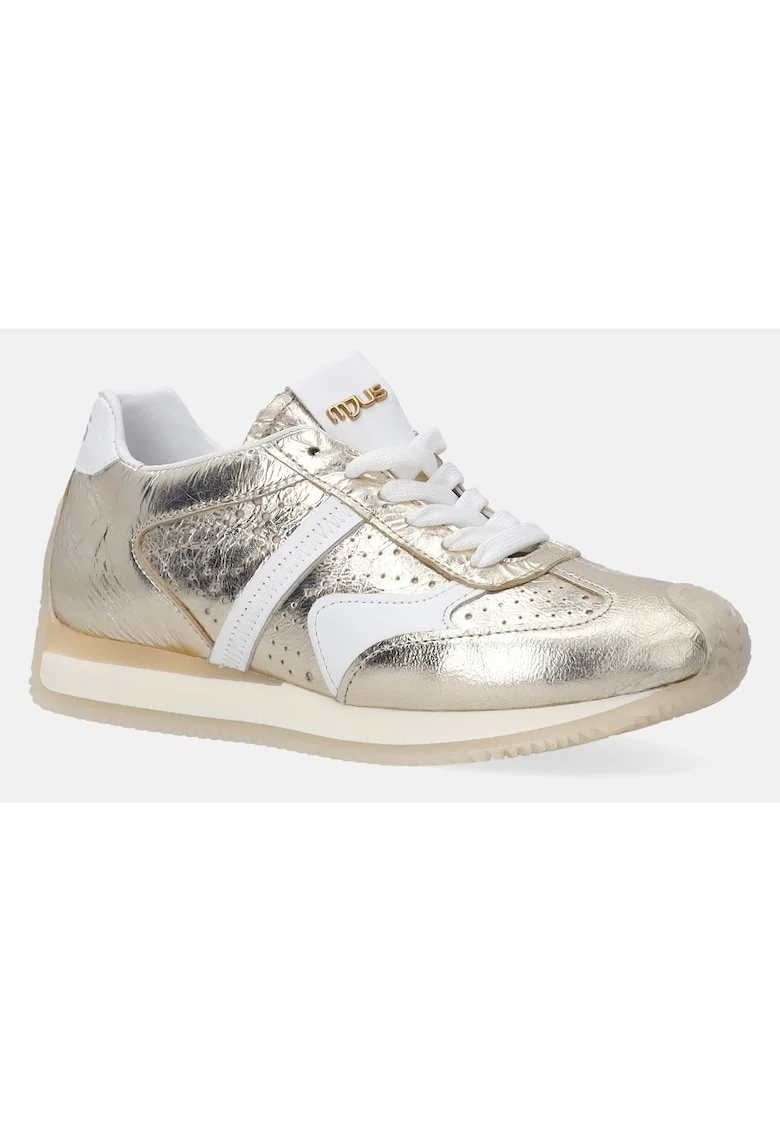 Pantofi sport din piele cu aspect perforat si garnituri contrastante