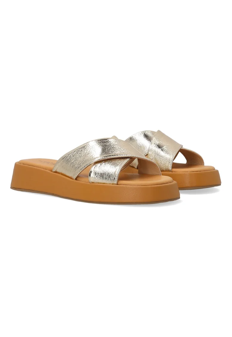 Papici wedge din piele cu aspect metalic