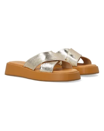 Papici wedge din piele cu aspect metalic