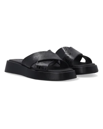 Papuci  piele lacuita, negru, toc wedge, varf patrat
