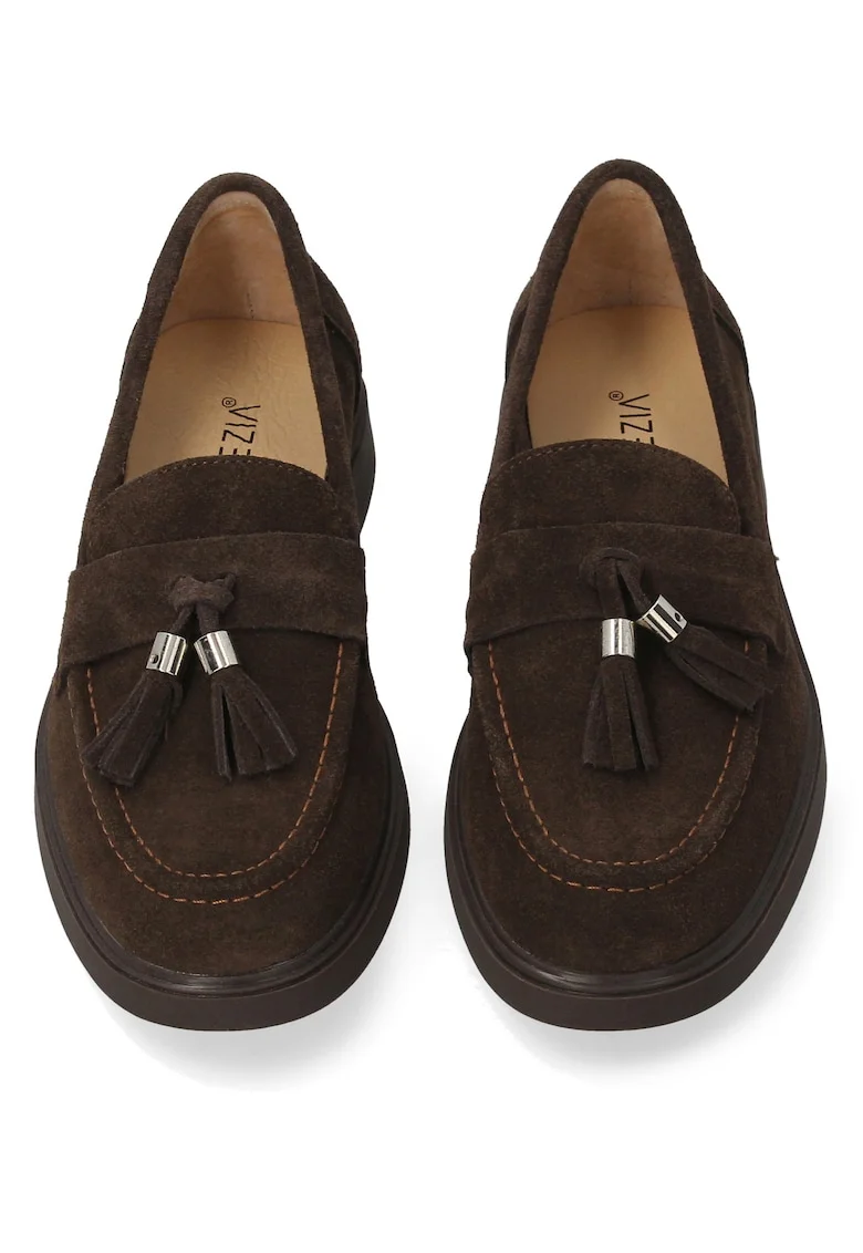 Pantofi loafer din piele intoarsa cu franjuri,