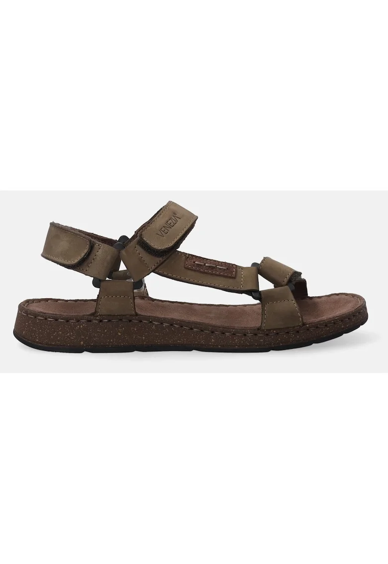 Sandale din piele nabuc cu velcro si varf patrat