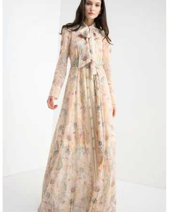 Rochie maxi cu funda din panglici Rebellion, Verde/Roz/Bej deschis
