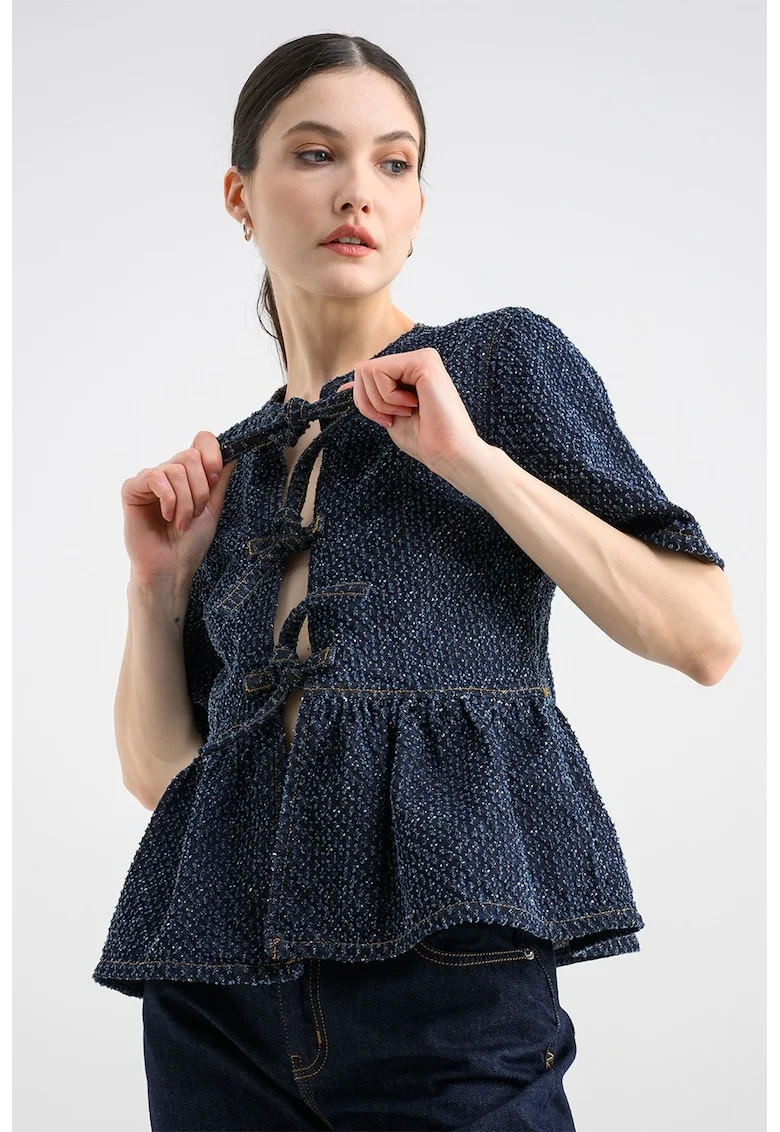 Bluza texturata cu maneci bufante, Bleumarin