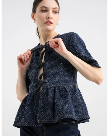 Bluza texturata cu maneci bufante, Bleumarin