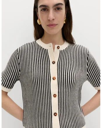 Cardigan cu dungi si nasturi, Negru/Crem