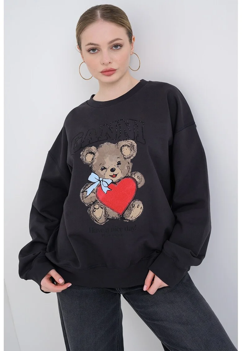 Bluza de trening cu imprimeu logo, Gri antracit