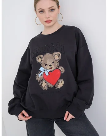 Bluza de trening cu imprimeu logo, Gri antracit