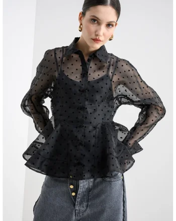 Camasa transparenta cu model cu buline, Negru