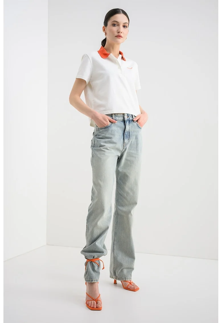 Tricou polo crop Mirta, Alb/Portocaliu