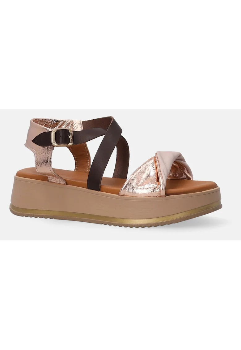 Sandale din piele cu talpa wedge si garnituri cu aspect metalizat