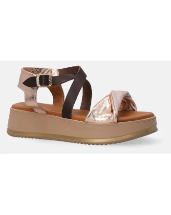 Sandale din piele cu talpa wedge si garnituri cu aspect metalizat