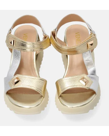 Sandale wedge din piele naturala cu aspect metalic