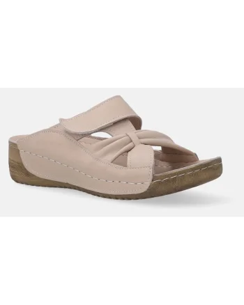 Papuci din piele cu talpa wedge si bareta cu velcro